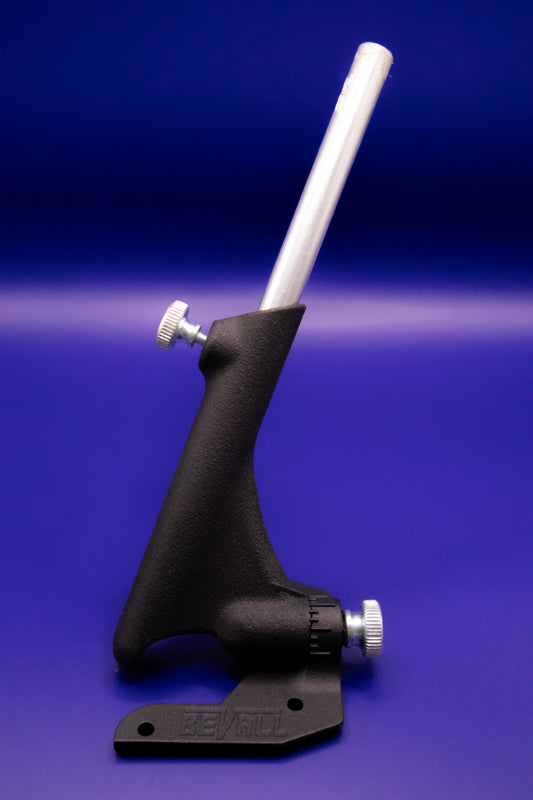 Black and silver metal tool on a blue background