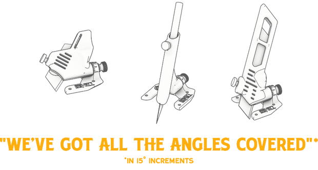 Promotional graphic for 'The Be All' product line, showing three white 3D line-art renderings of different handheld tools or accessories on a light gray background, with orange text reading 'WE'VE GOT ALL THE ANGLES COVERED' and 'IN 15" INCREMENTS'.